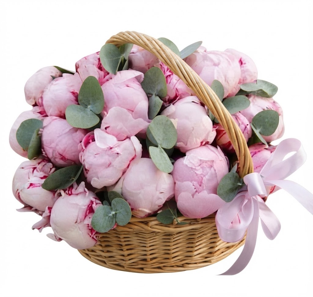 A Basket of Luxury Peonies with Eucalyptus