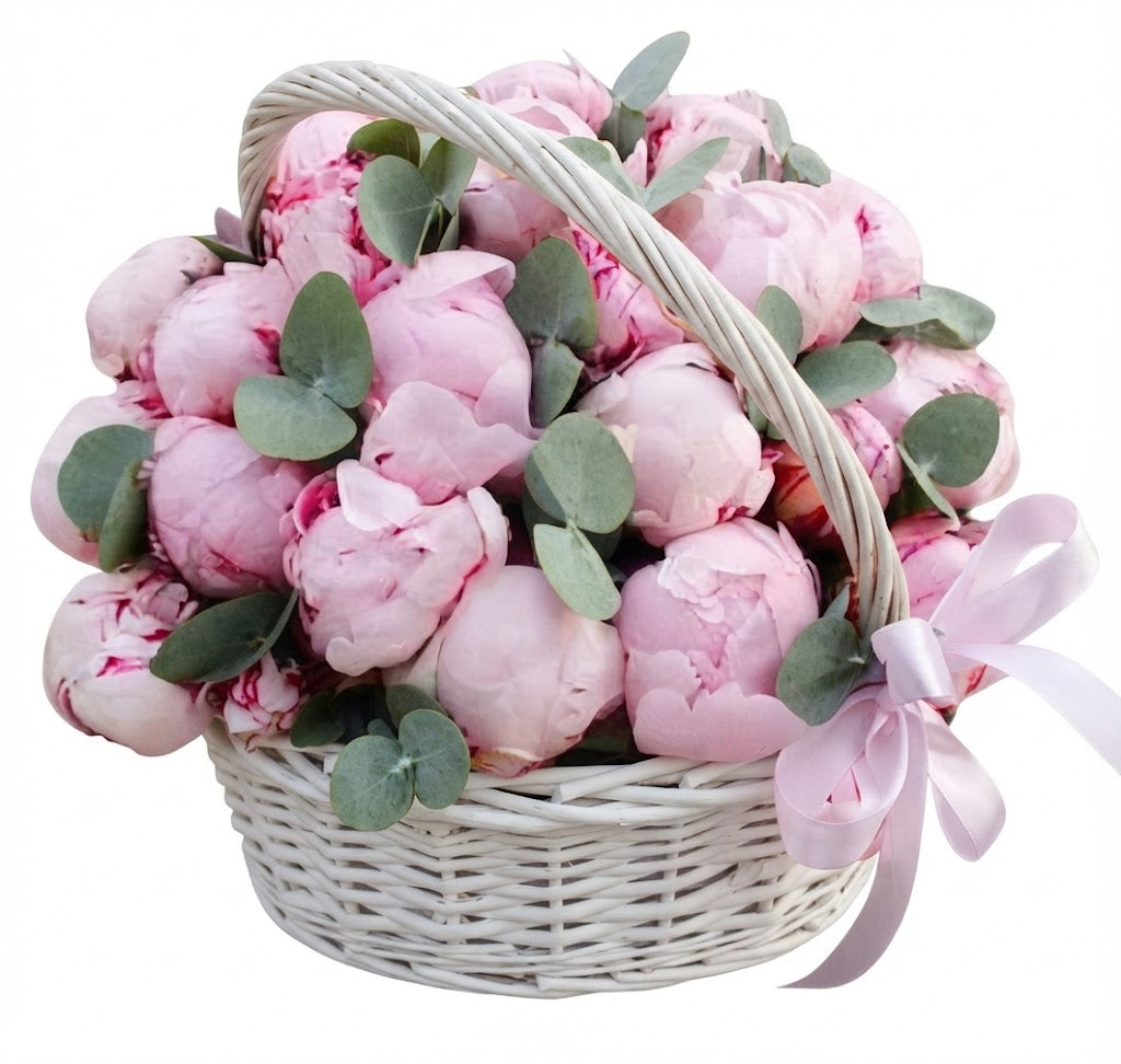 A Basket of Luxury Peonies with Eucalyptus