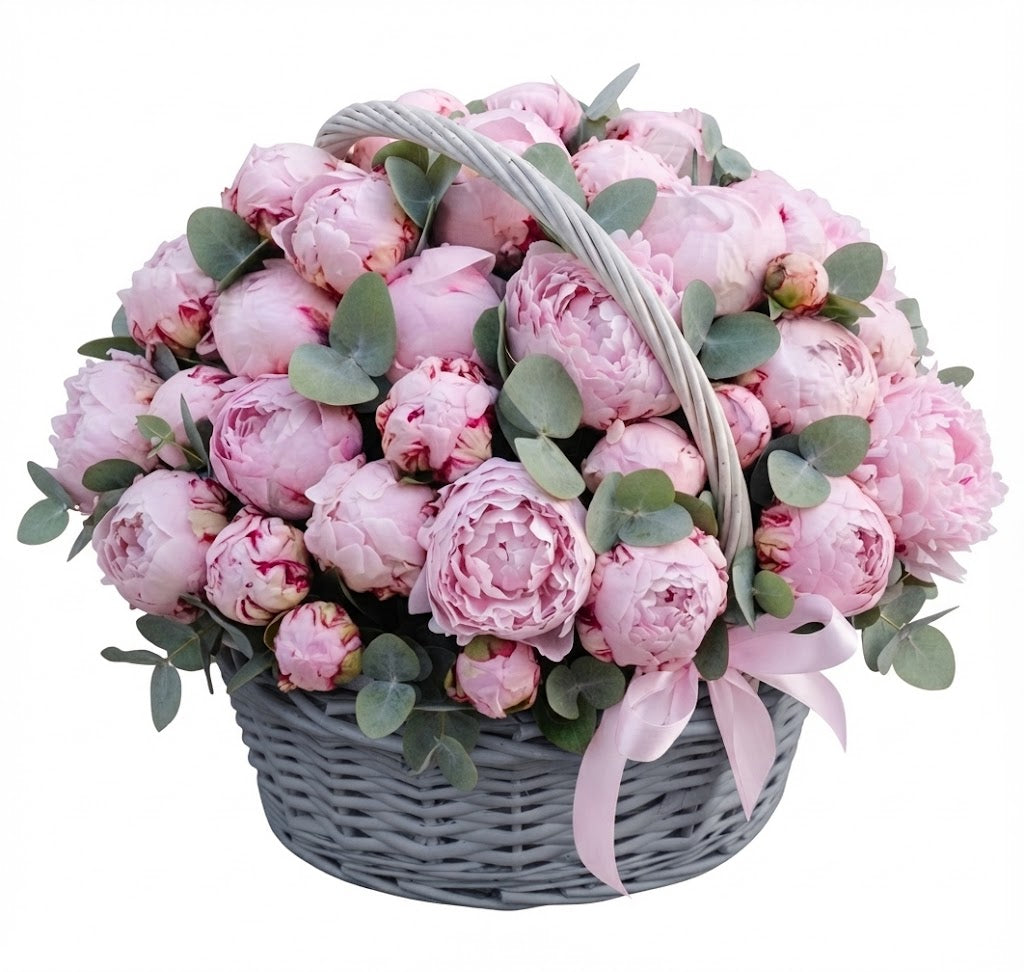 A Basket of Luxury Peonies with Eucalyptus