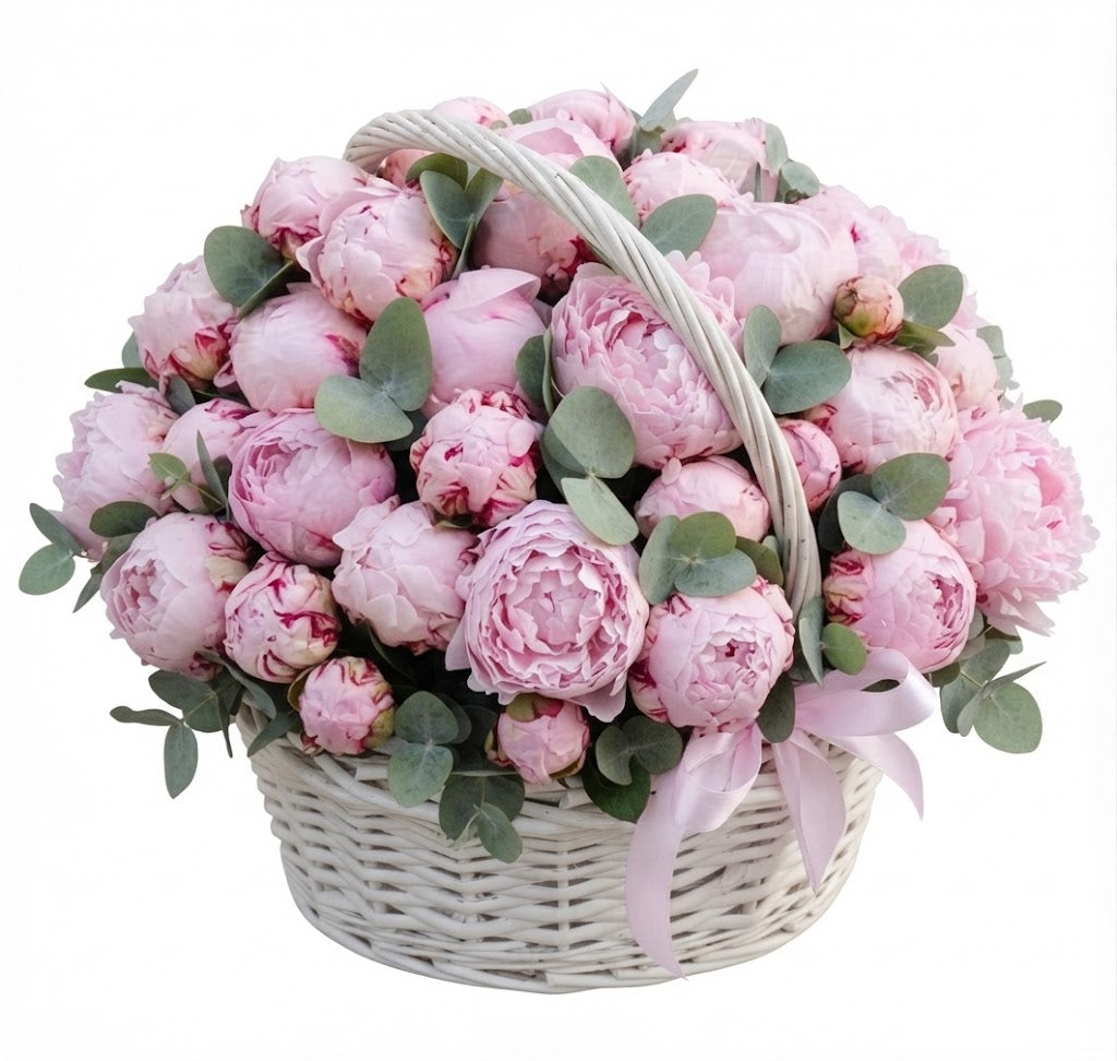 A Basket of Luxury Peonies with Eucalyptus