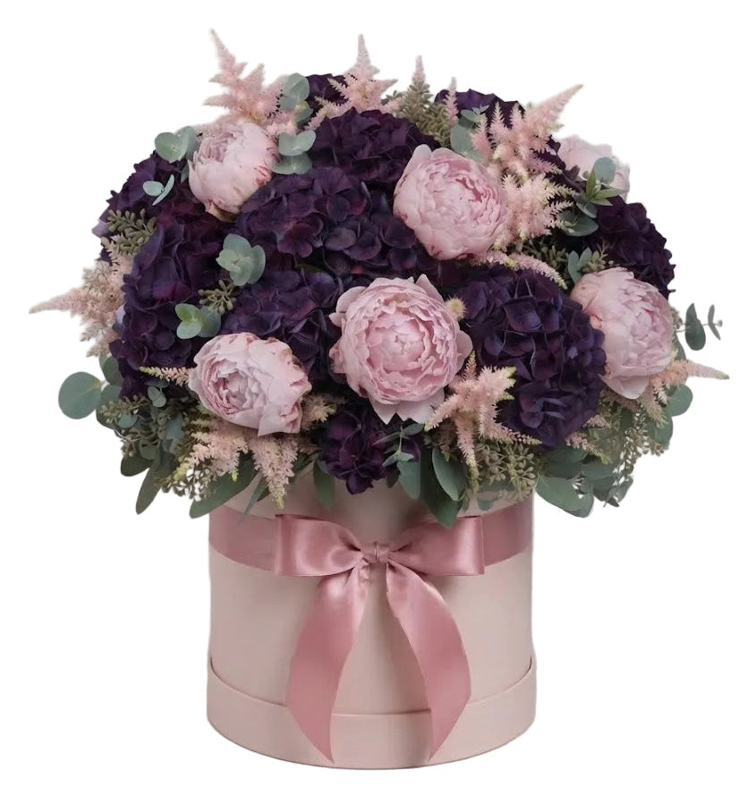 Luxury Purple Hydrangea and Pink Peony Box Arrangement