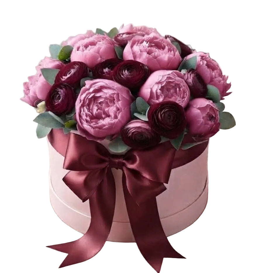 Burgundy Ranunculus with Peonies Elegant Box