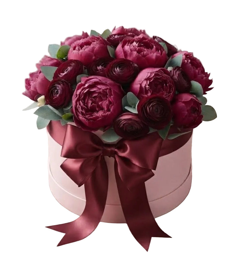 Burgundy Ranunculus with Peonies Elegant Box