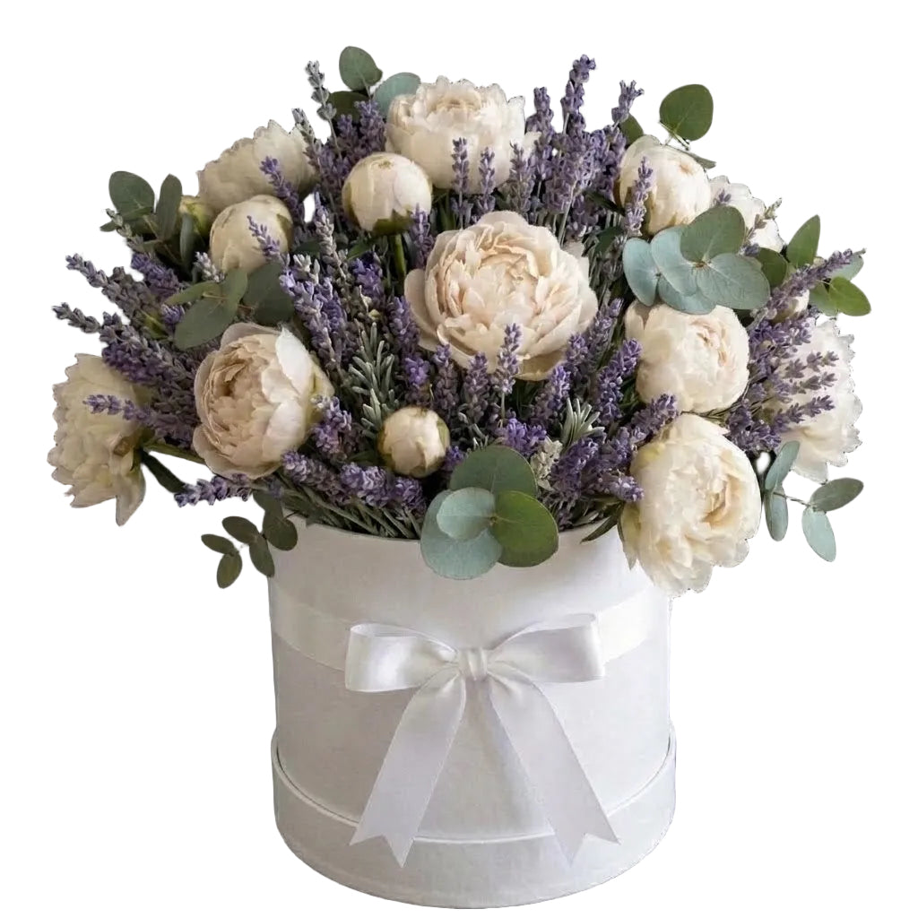 Fragrant Box of Peonies with Lavender