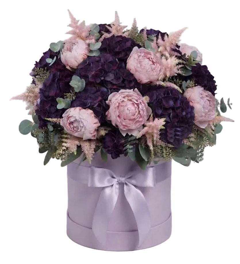 Luxury Purple Hydrangea and Pink Peony Box Arrangement