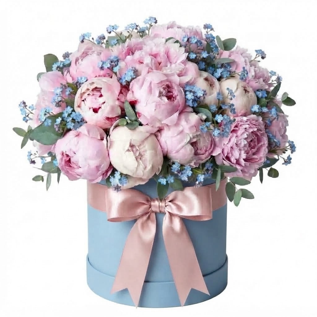Peonies with Blue Forget Me Not Luxury Box