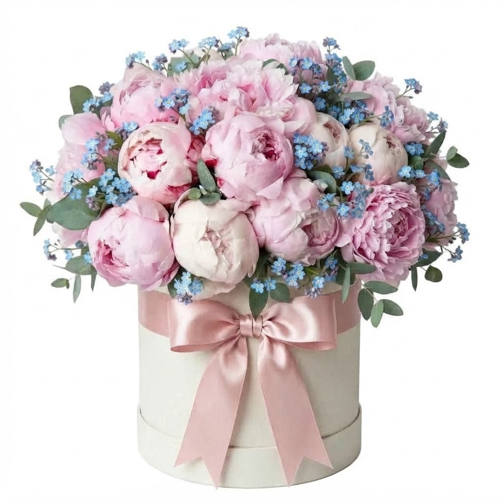 Peonies with Blue Forget Me Not Luxury Box