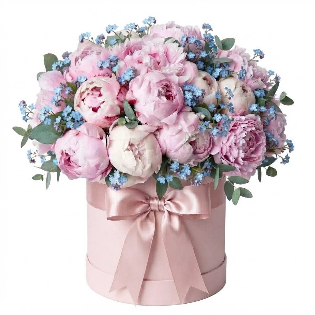 Peonies with Blue Forget Me Not Luxury Box
