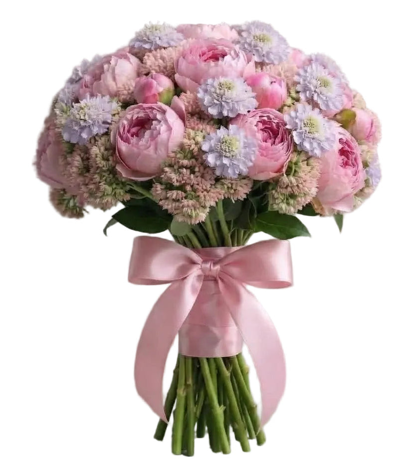 Pink Peonies with Soft Sedum and Scabiosa Bouquet