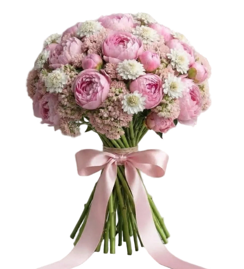 Pink Peonies with Soft Sedum and Scabiosa Bouquet