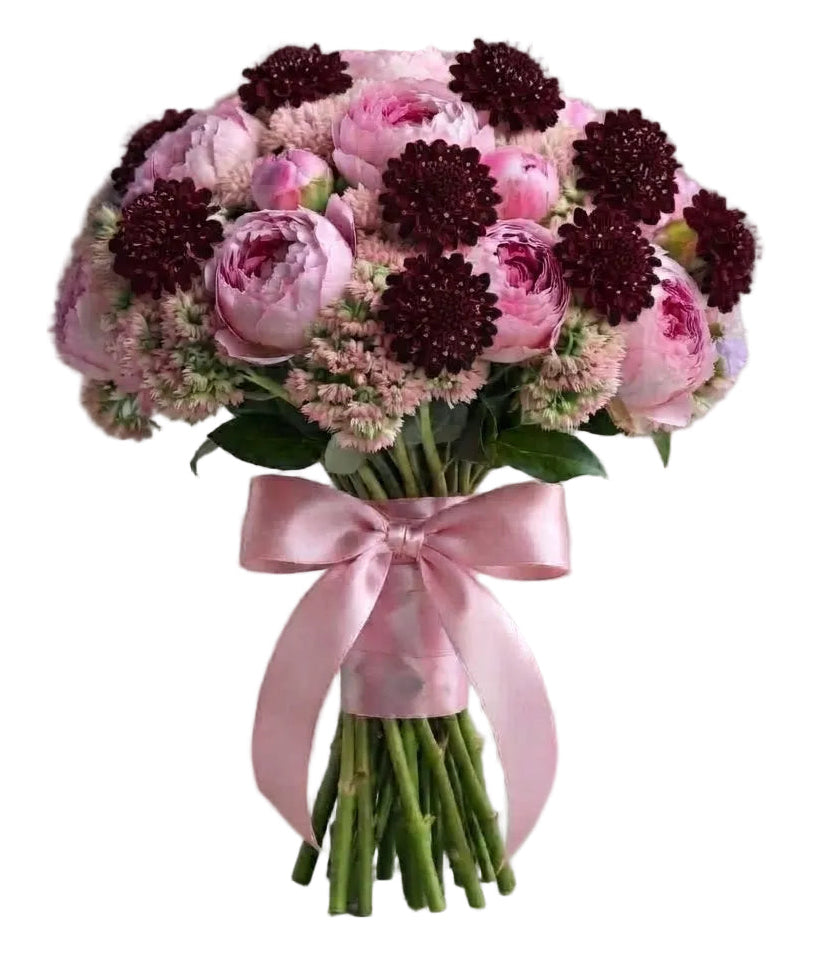 Pink Peonies with Soft Sedum and Scabiosa Bouquet
