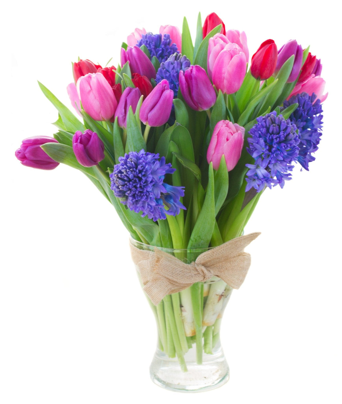 Blue Hyacinth & Colourful Tulips Bouquet in Vase - Fresh Bouquet Co.