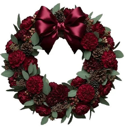 Burgundy Carnations Christmas Wreath with Bow - Fresh Bouquet Co.