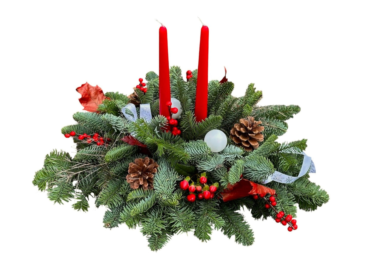 Classic Spruce Centerpiece with Taper Candles, Cones & Ilex Berries - Fresh Bouquet Co.