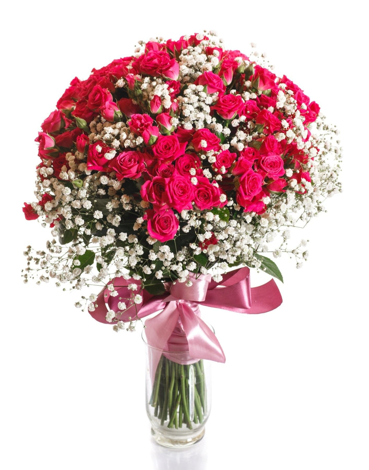 Dark Pink Spray Roses & Gypsophila Bouquet in Vase - Fresh Bouquet Co.