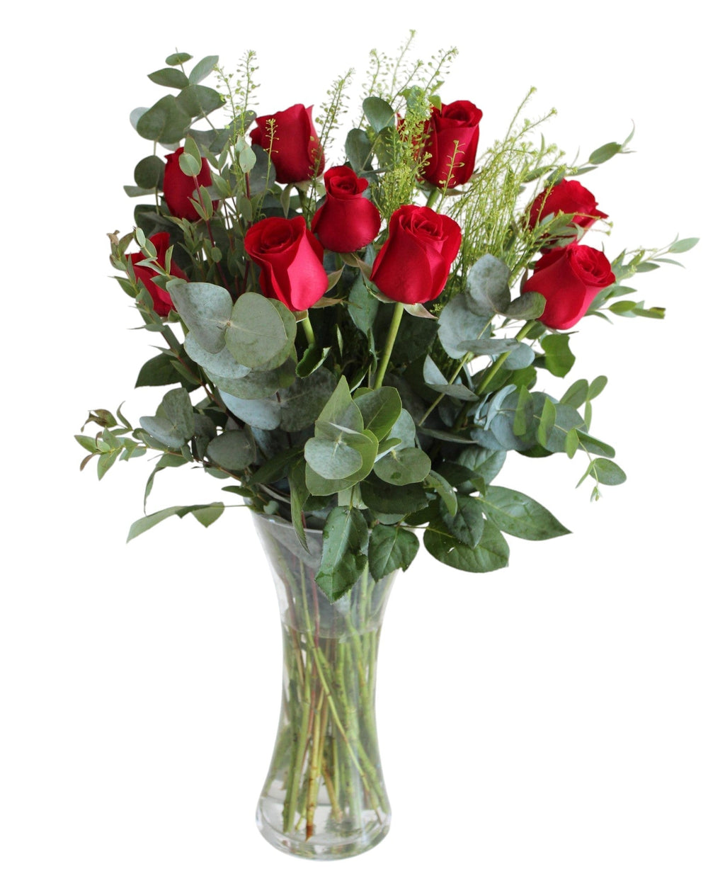 Red Freedom Roses & Foliage Bouquet in Vase - Fresh Bouquet Co.