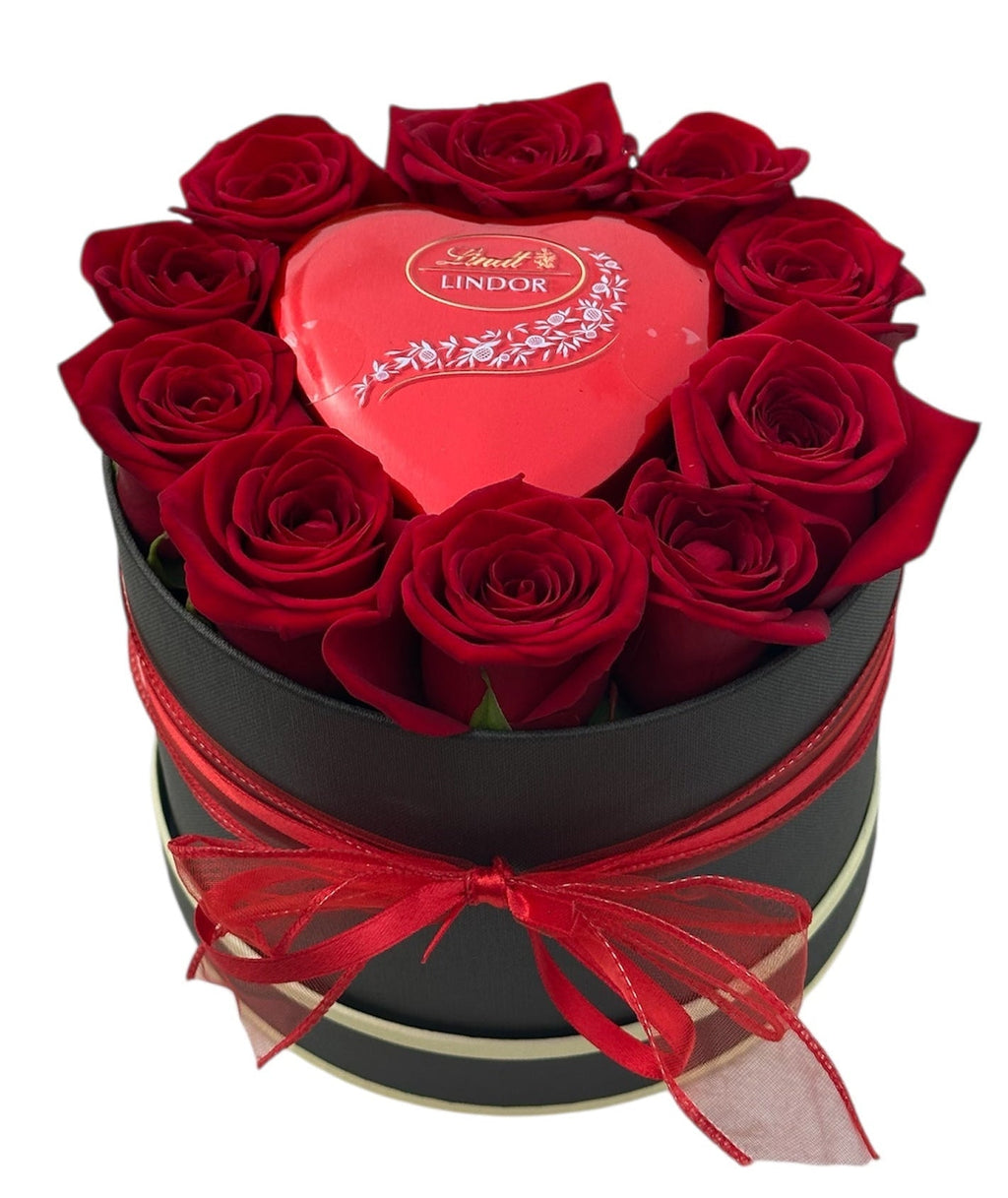 Roses in a Box with Metal Heart & Chocolates - Fresh Bouquet Co.