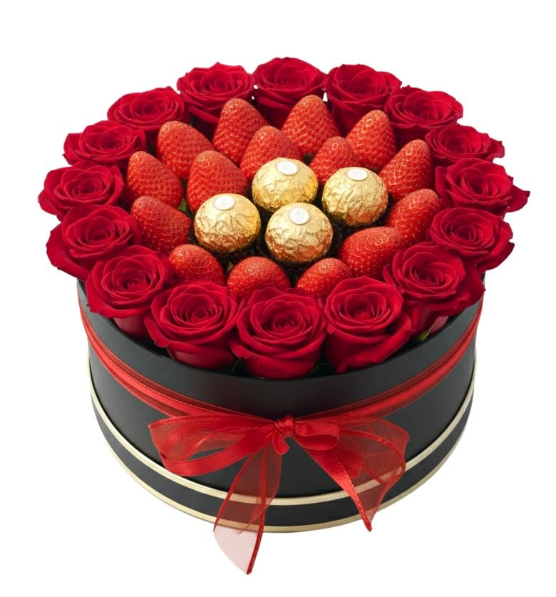 Roses in a Box with Strawberries & Ferrero Rocher - Fresh Bouquet Co.