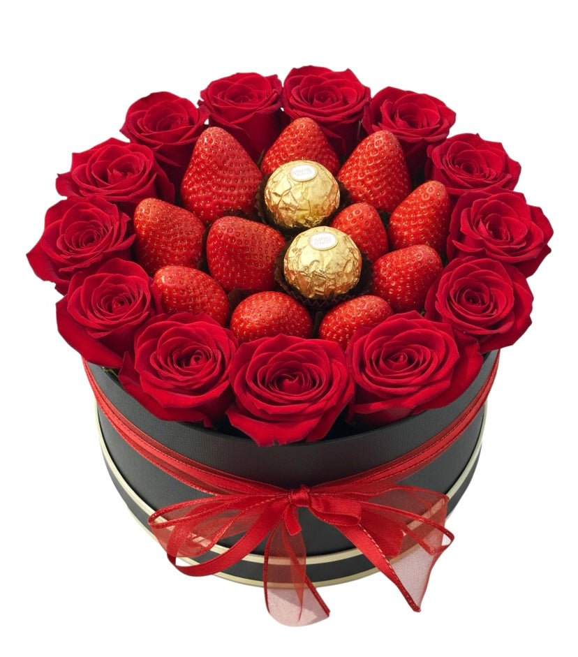 Roses in a Box with Strawberries & Ferrero Rocher - Fresh Bouquet Co.