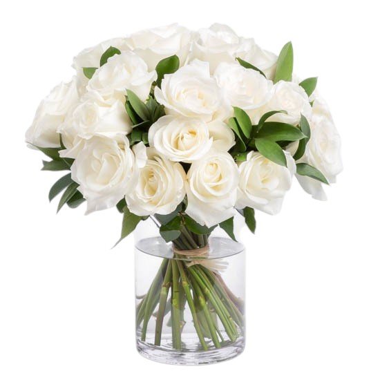 White Avalanche Roses & Foliage Bouquet in Vase - Fresh Bouquet Co.
