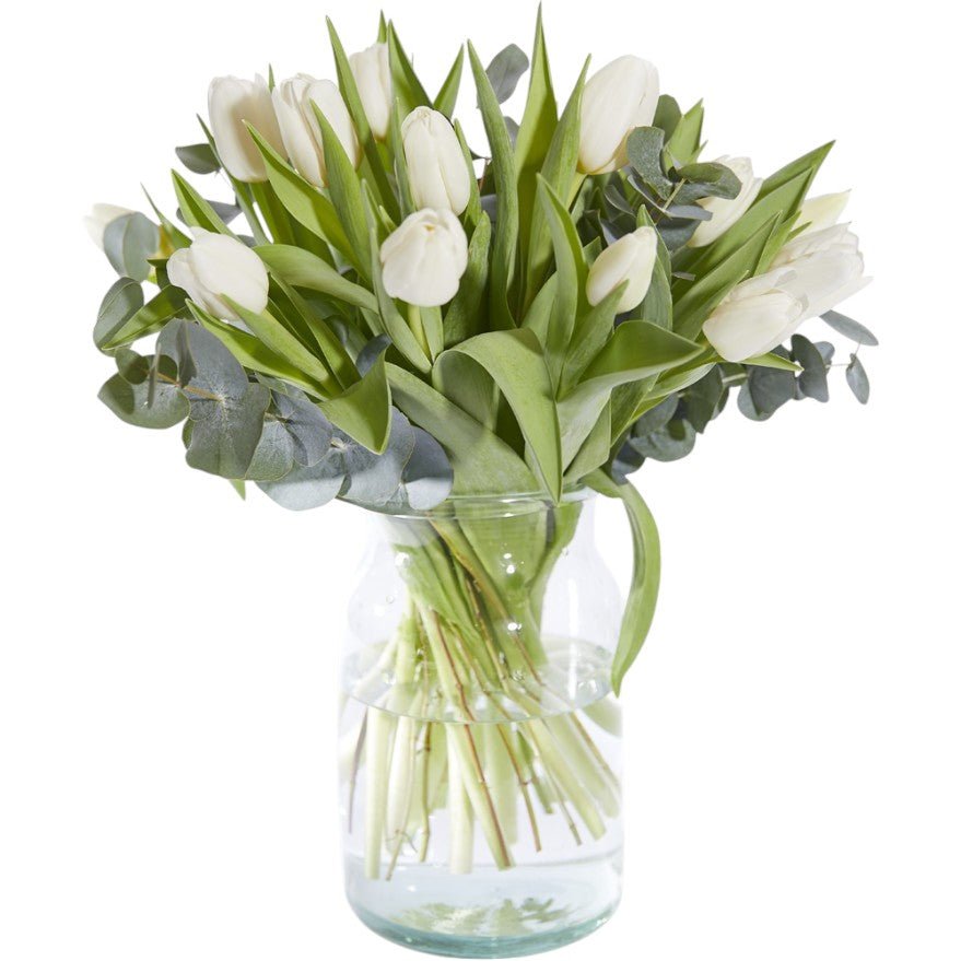 White Tulips & Eucalyptus Bouquet in Vase - Fresh Bouquet Co.